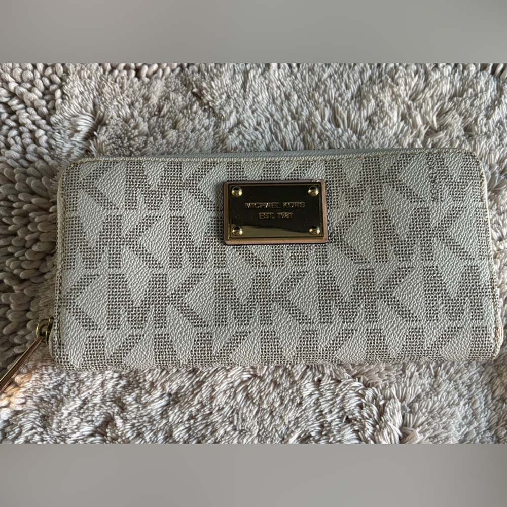 Michael Kors Beige and Taupe Logo Zip Wallet